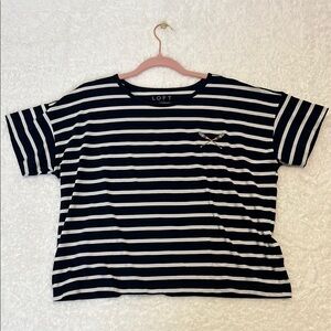 LOFT Blue and White Striped Short Sleeve Boxy Tee with Sporty Stitched Design‎ M